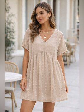 Zenana Swiss Dot Babydoll Dress Beige Flowy Boho Mini Sheer V neck Medium NWOT